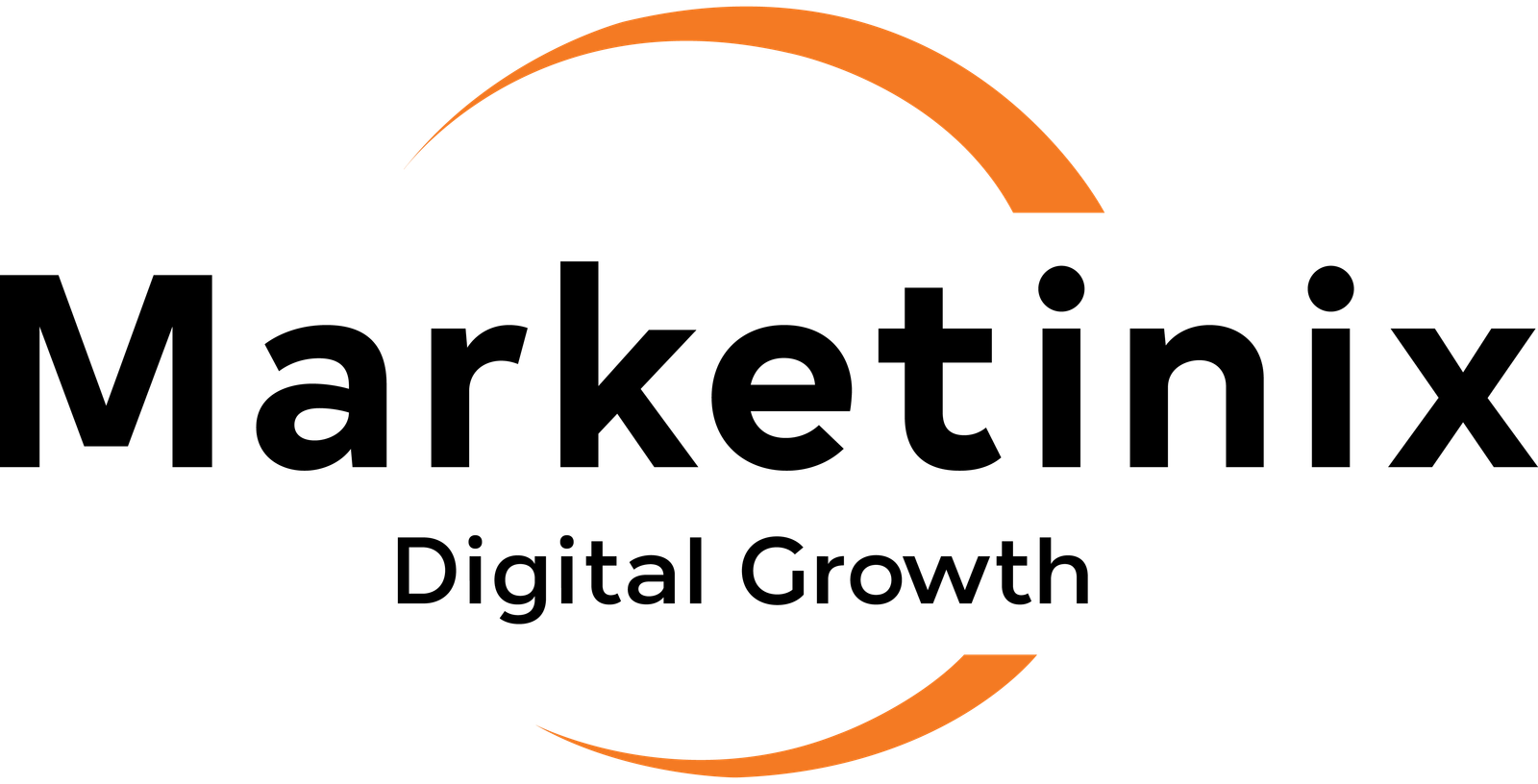 Original Marketinix logo with black lettering and an orange arc